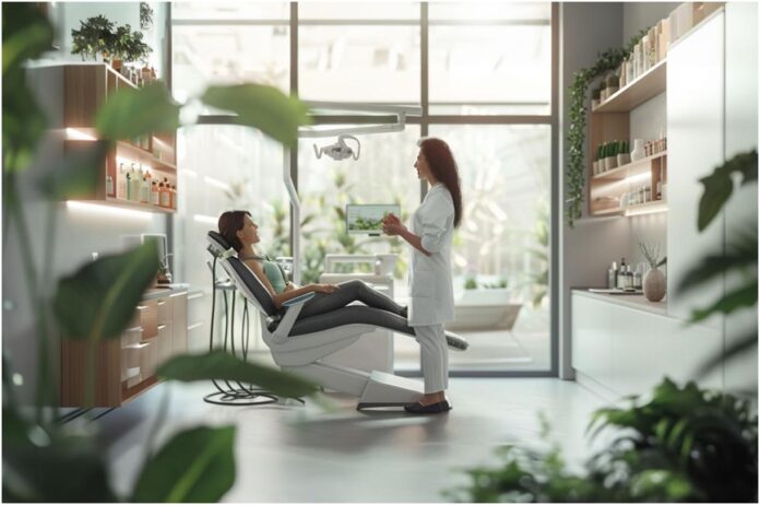 Untitled Holistic biological dentistry clinic interior with natural elements promoting whole-body oral health.